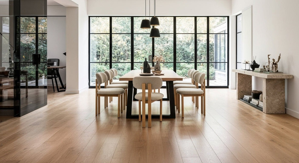 Japandi Eetkamerstoel Miyo Bouclé Beige - Eikenlook Frame