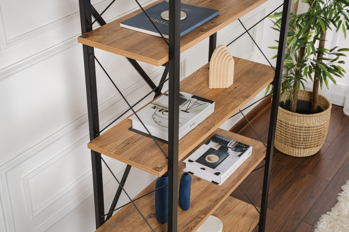 Industriële boekenkast dennenhout melamine Ely - zwart frame - 180x90 cm