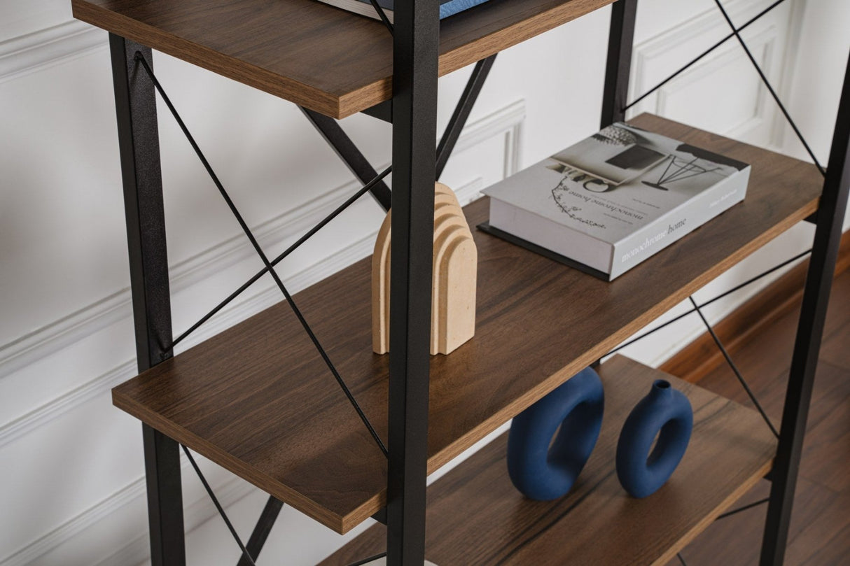 Industriële Boekenkast Ely Walnoot Melamine - Zwart Frame - 180x90 cm