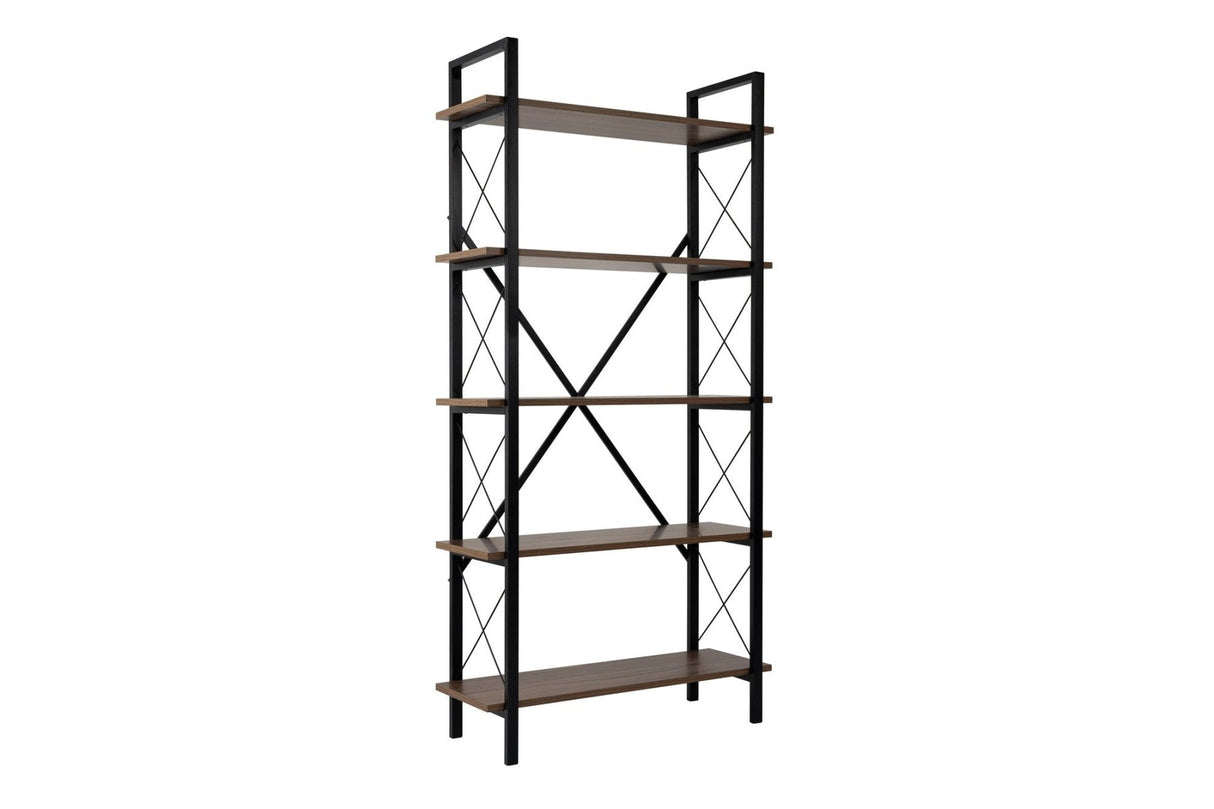 Industriële boekenkast walnoot melamine Ely - zwart frame - 180x90 cm