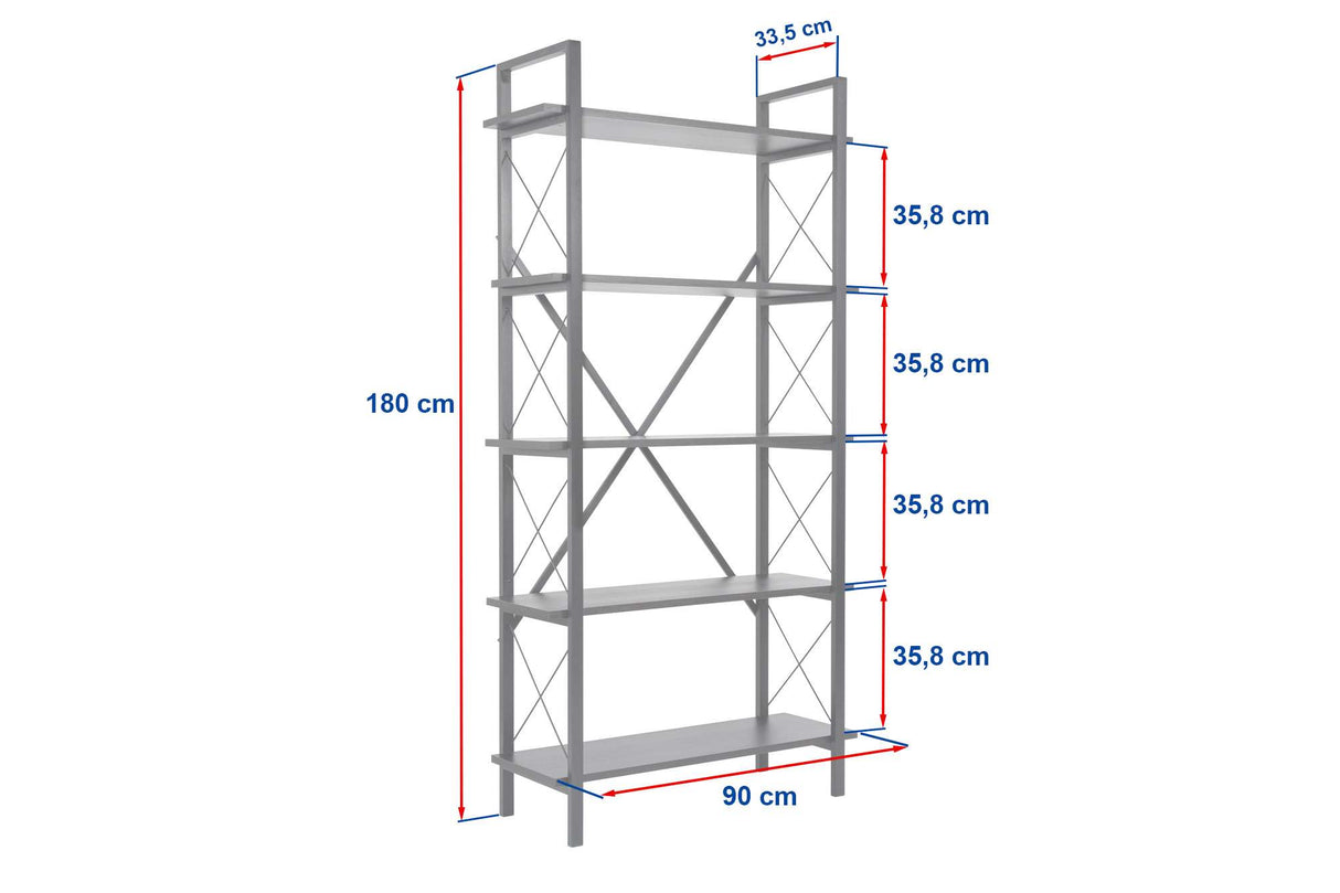 Industriële boekenkast walnoot melamine Ely - zwart frame - 180x90 cm