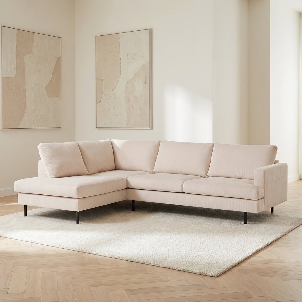 3-zits hoekbank Chiara ribstof beige sfeerfoto in modern interieur