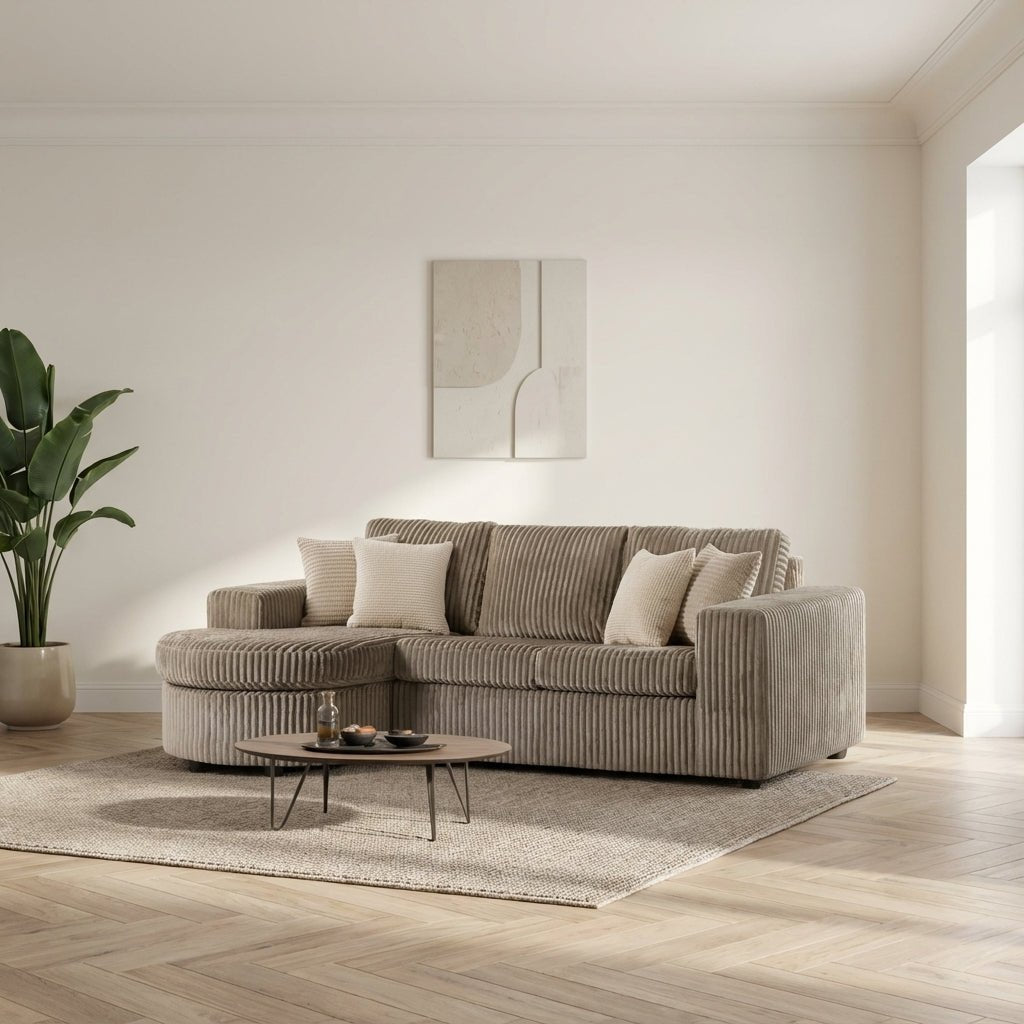 3-zits hoekbank chaise longue Flores ribstof beige links/rechts sfeerfoto in modern interieur