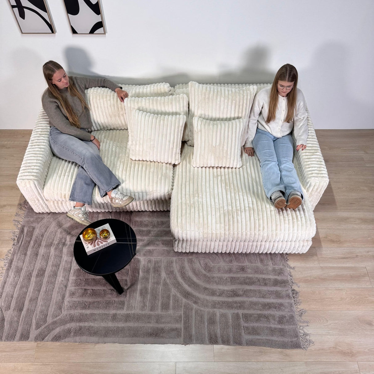 3-zits loungebank Nia ribstof beige