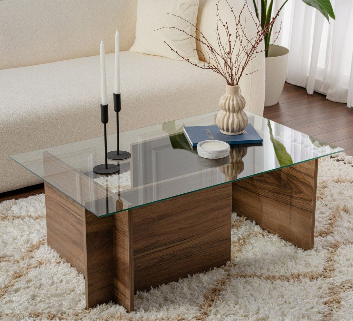 Rechthoekige Moderne Salontafel Vetroni Walnoot Look - Glas - 105x65 cm