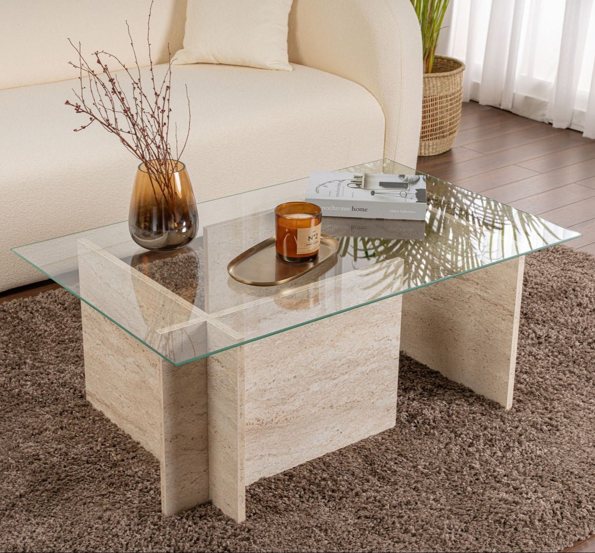 Rechthoekige Moderne Salontafel Vetroni Travertin Look - Glas - 105x65 cm