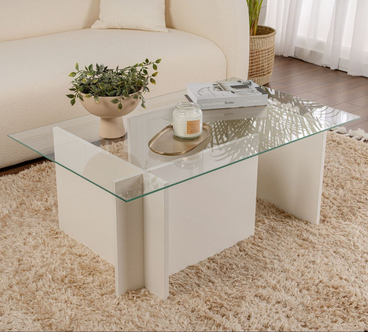 Rechthoekige Moderne Salontafel Vetroni Wit Hout Look - Glas - 105x65 cm