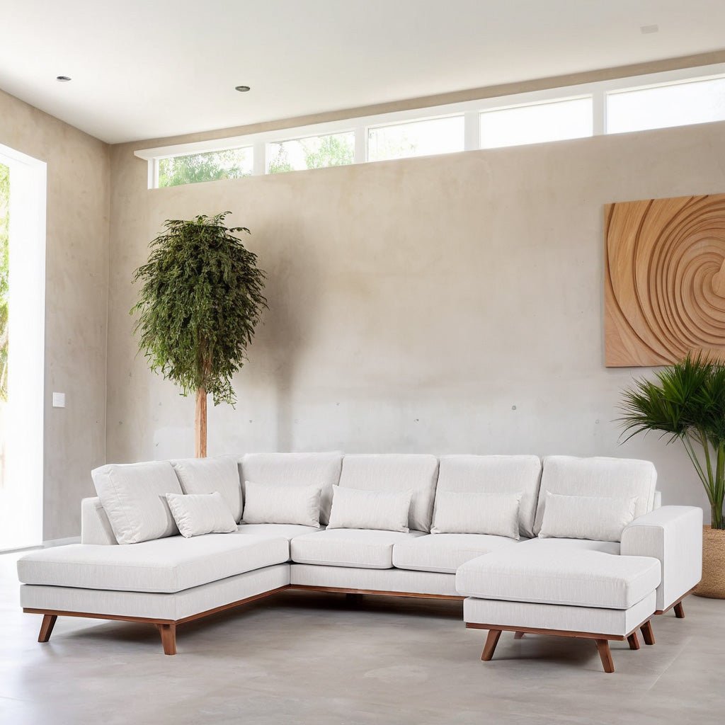 U-bank beige linnen stof met eiken poten Alva