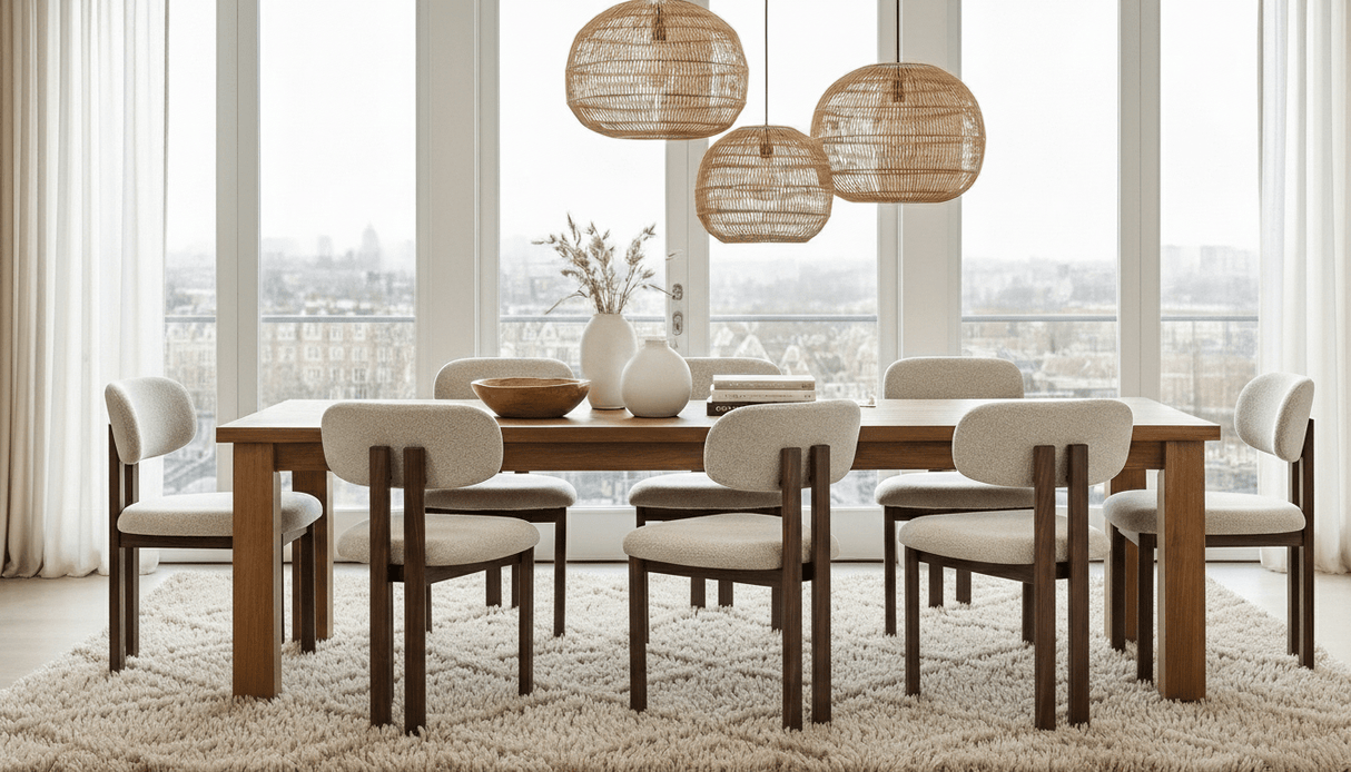 Japandi Eetkamerstoel Miyo Bouclé Zandkleur - Walnootlook Frame