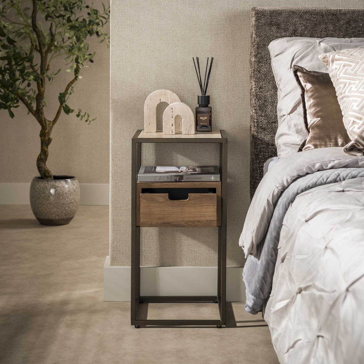 Nachtkastje met 1 lade keramiek travertin eikenhout Cady