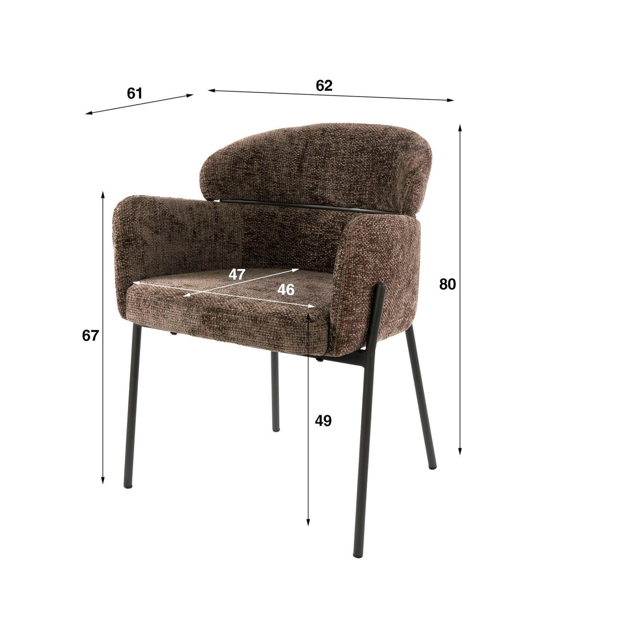 Eetkamerstoelen - Eetkamerstoel Chenille Bruin met ronde rug en arm - Lola - Dimehouse