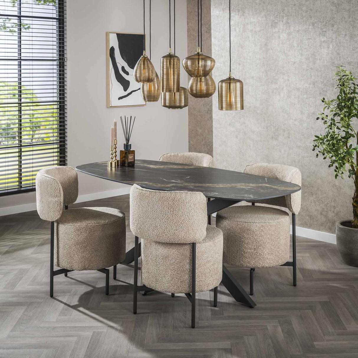 Eettafel Dolore 180x90 cm Deens Ovaal Marmerlook Zwart