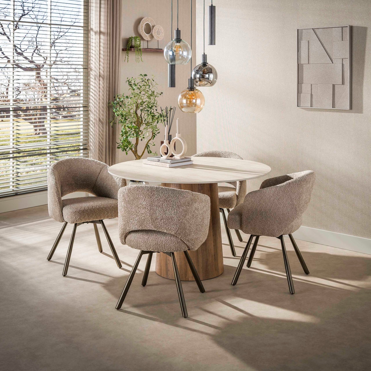 Ronde eettafel Jimi Ø120 cm beige travertin keramiek