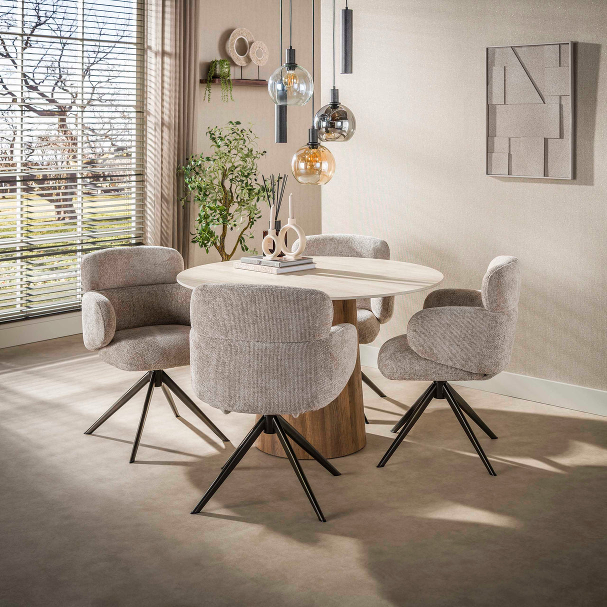 Ronde eettafel Jimi Ø120 cm beige travertin keramiek