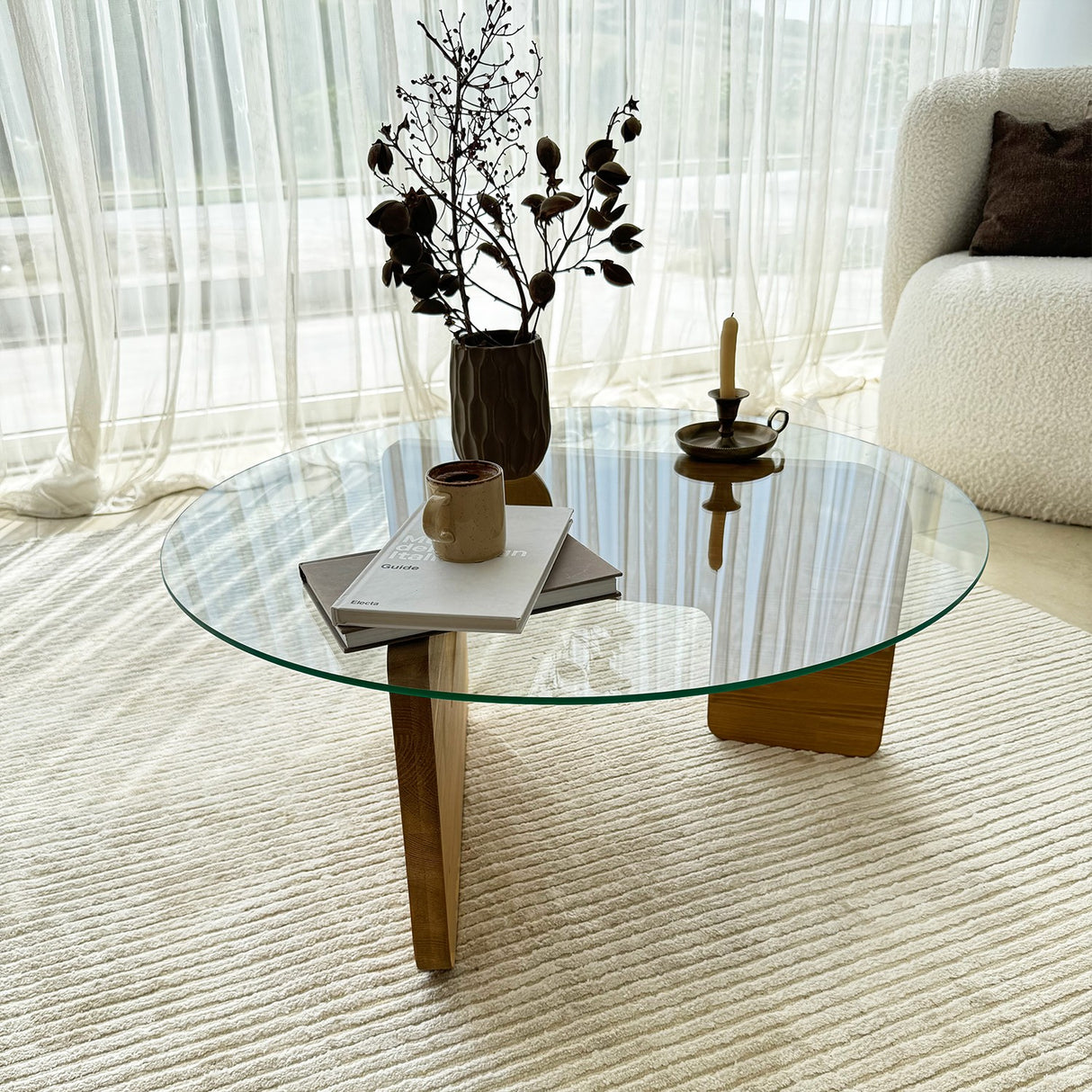 Salontafel Rond Glas Mio - 75 cm - Houten onderstel