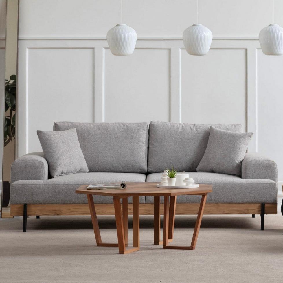 Banken - 3 - zits Bank Eti Grijs - Naturel Houten Frame - Dimehouse