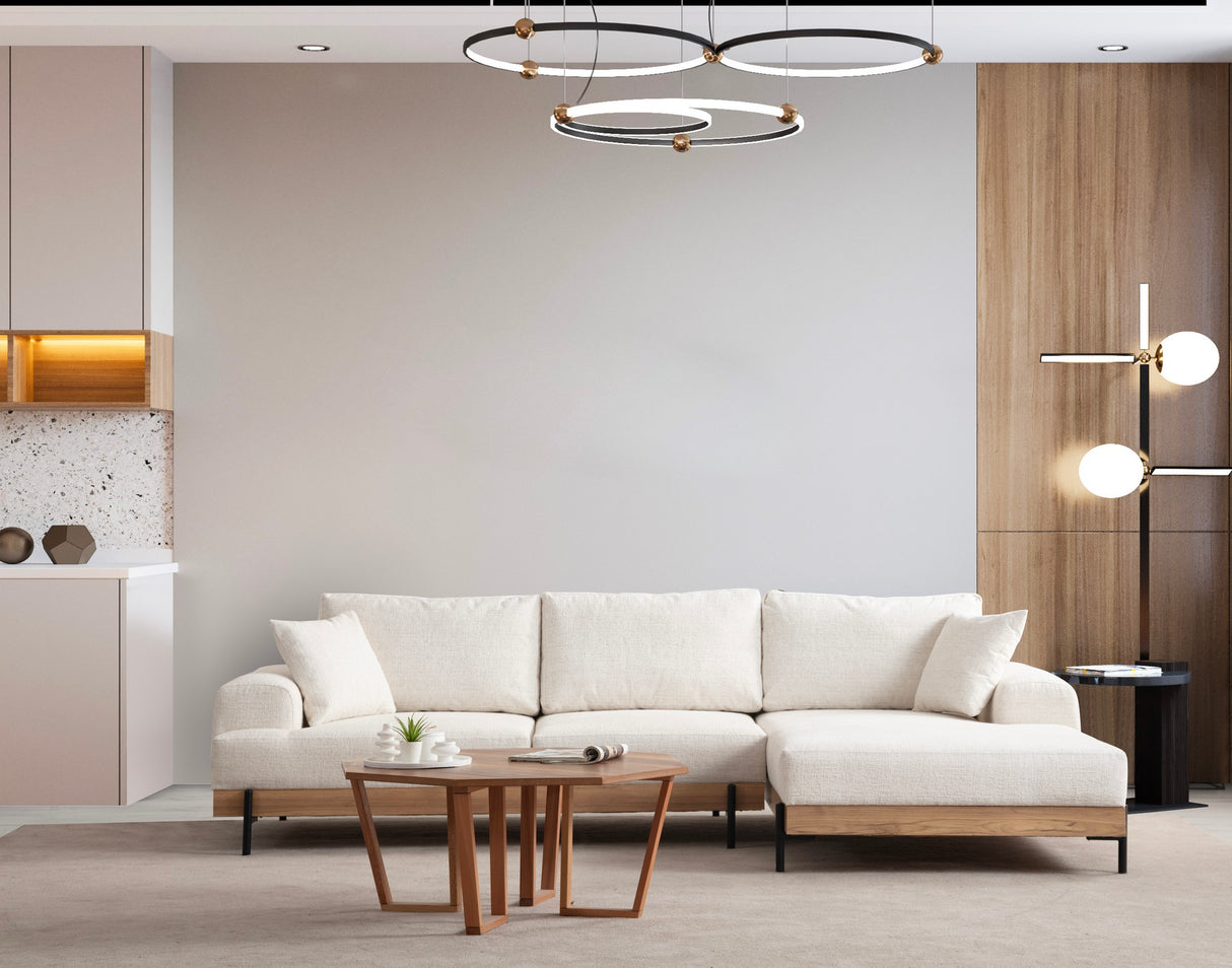 Banken - Moderne Hoekbank Rechts Eti Stof Wit - Hout Frame - Dimehouse