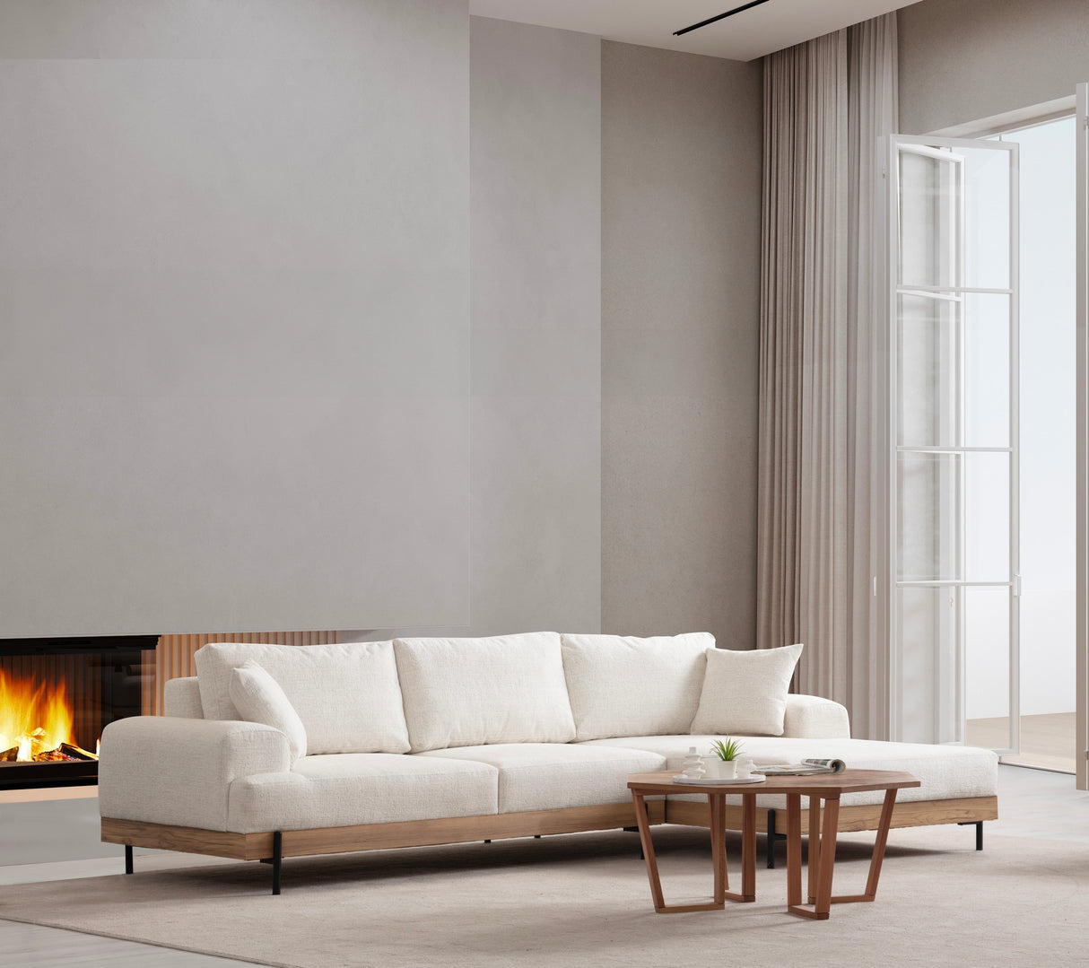 Banken - Moderne Hoekbank Rechts Eti Stof Wit - Hout Frame - Dimehouse
