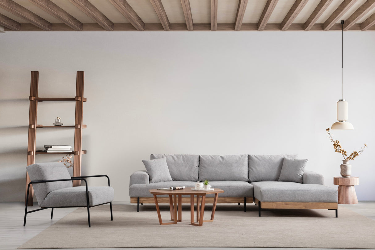 Moderne Hoekbank Rechts Eti Stof Grijs - Hout Frame