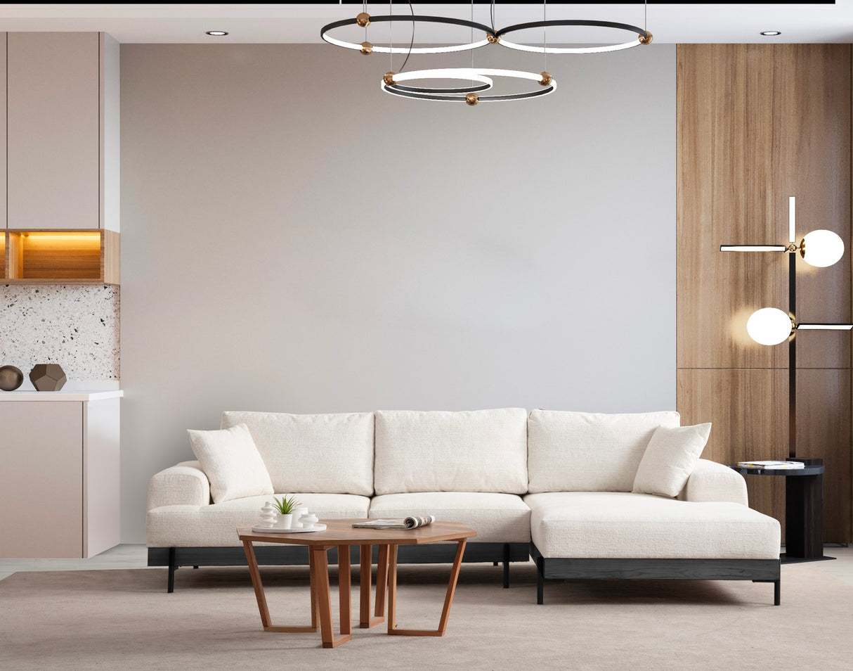 Moderne Hoekbank Rechts Eti Stof Wit - Zwart Houten Frame