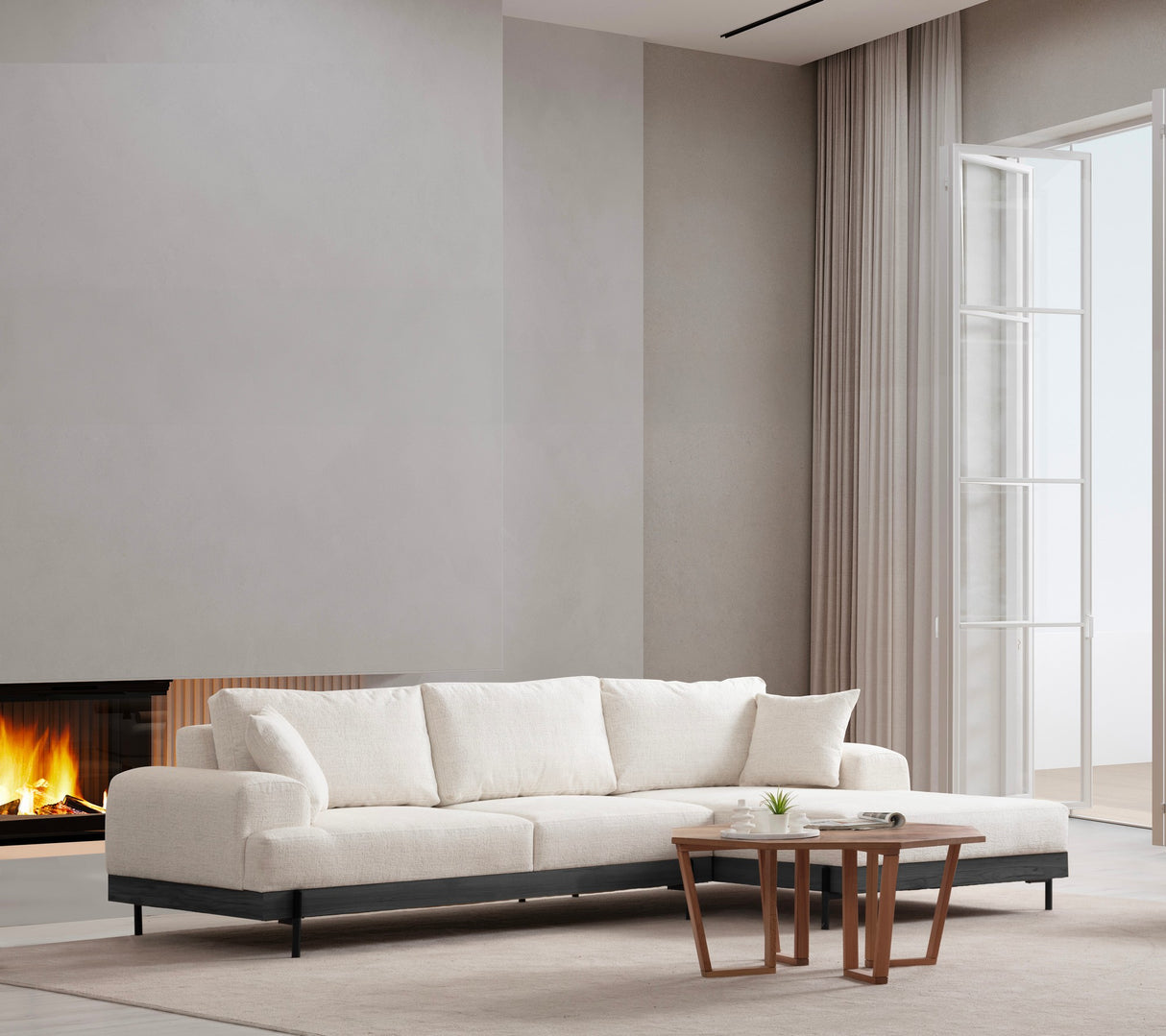 Moderne Hoekbank Rechts Eti Stof Wit - Zwart Houten Frame