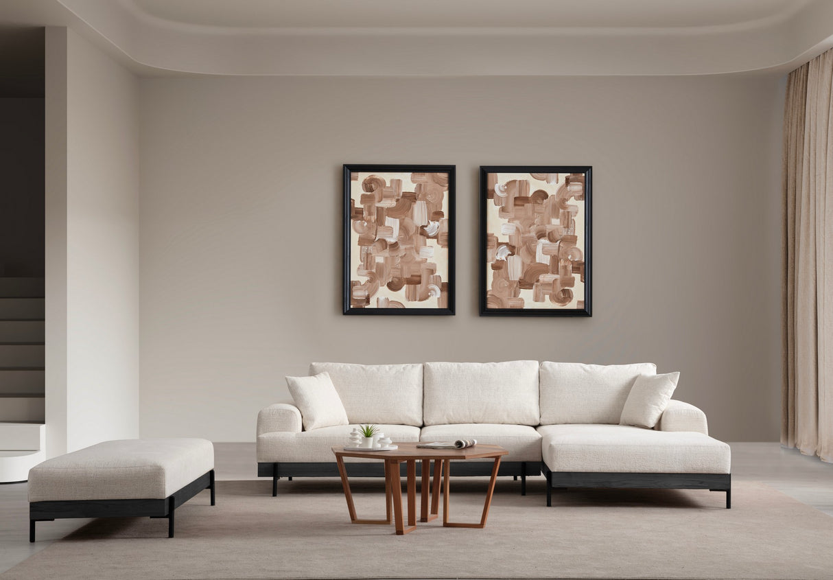 Moderne Hoekbank Rechts Eti Stof Wit - Zwart Houten Frame