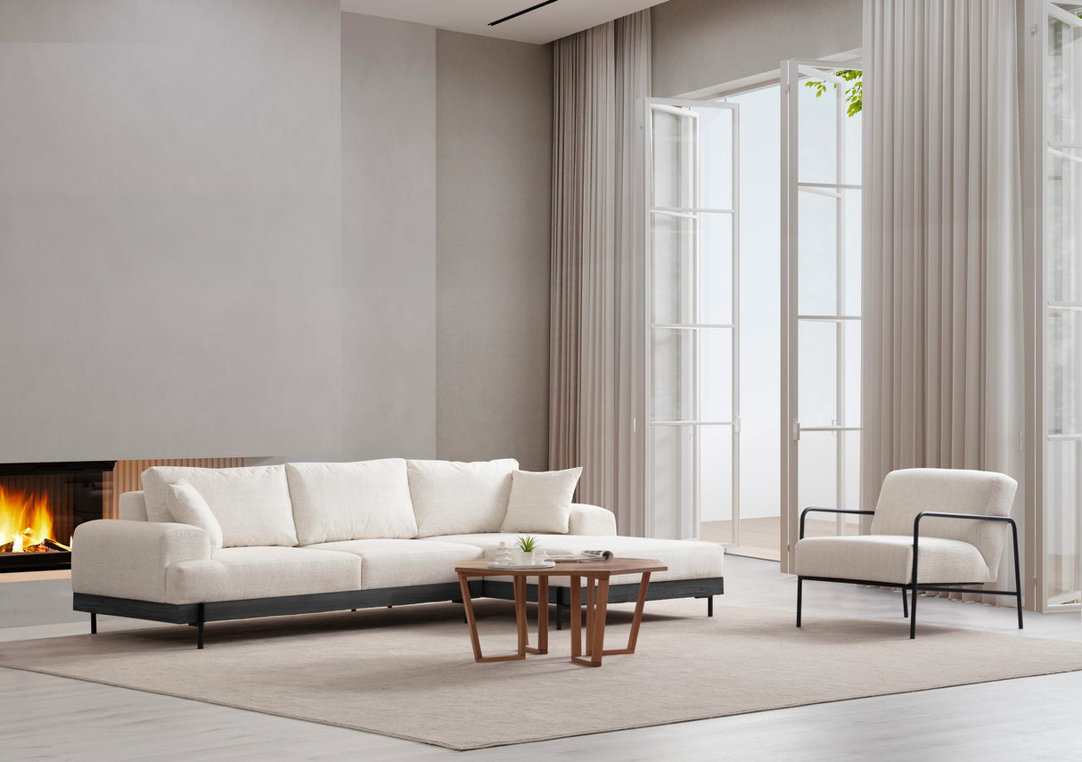 Moderne Hoekbank Rechts Eti Stof Wit - Zwart Houten Frame