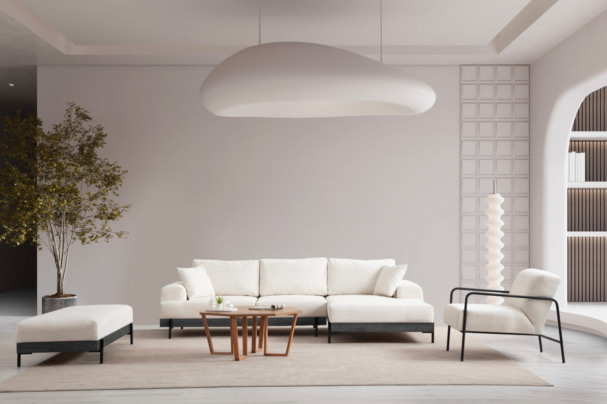 Moderne Hoekbank Rechts Eti Stof Wit - Zwart Houten Frame