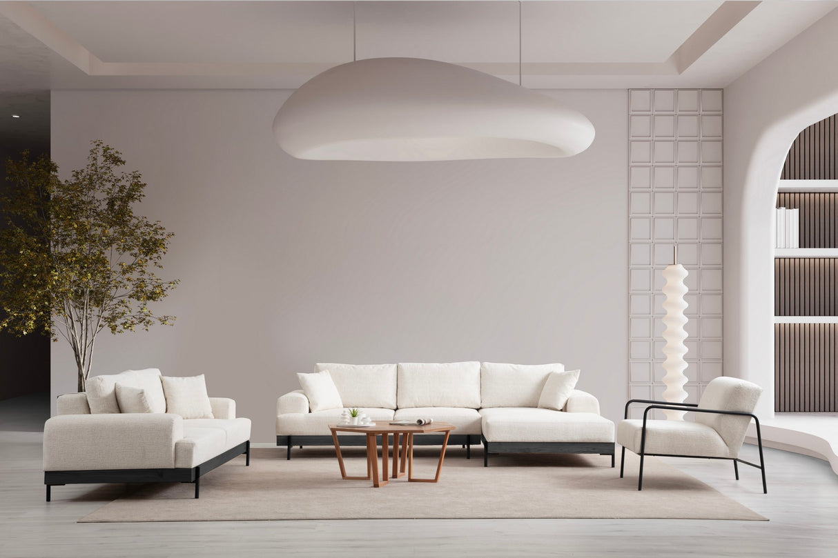 Moderne Hoekbank Rechts Eti Stof Wit - Zwart Houten Frame