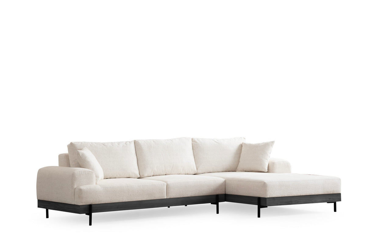 Moderne Hoekbank Rechts Eti Stof Wit - Zwart Houten Frame