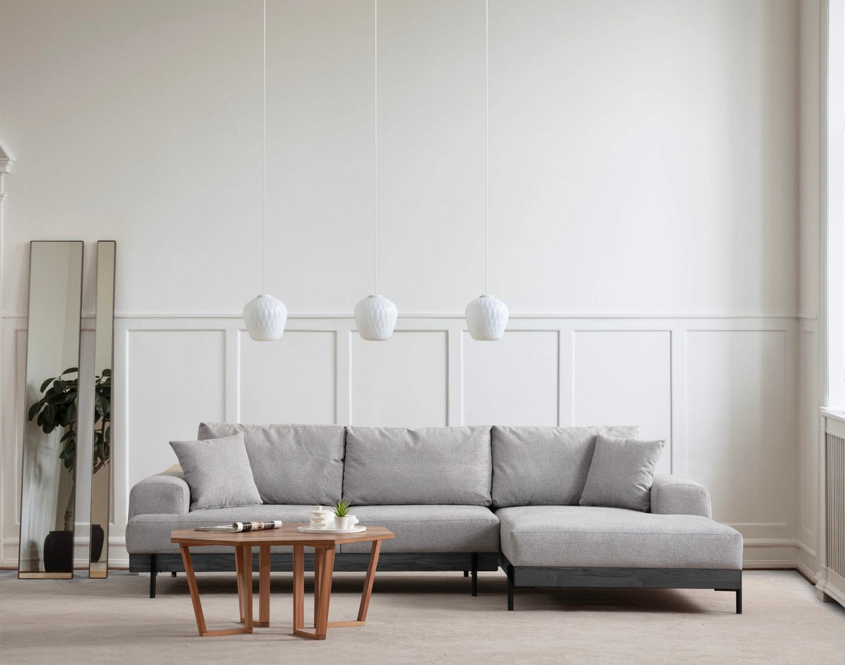 Moderne Hoekbank Rechts Eti Stof Grijs - Zwart Frame