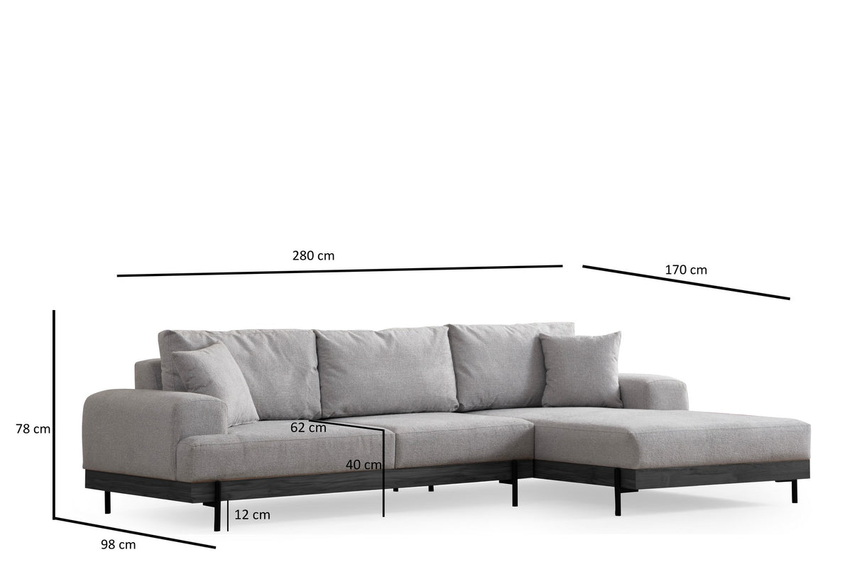 Moderne Hoekbank Rechts Eti Stof Grijs - Zwart Frame
