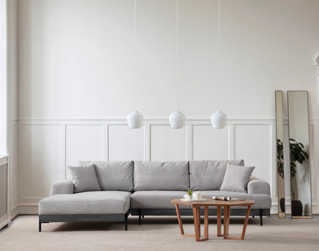 Banken - Moderne Hoekbank Links Eti Stof Grijs - Zwart Houten Frame - Dimehouse