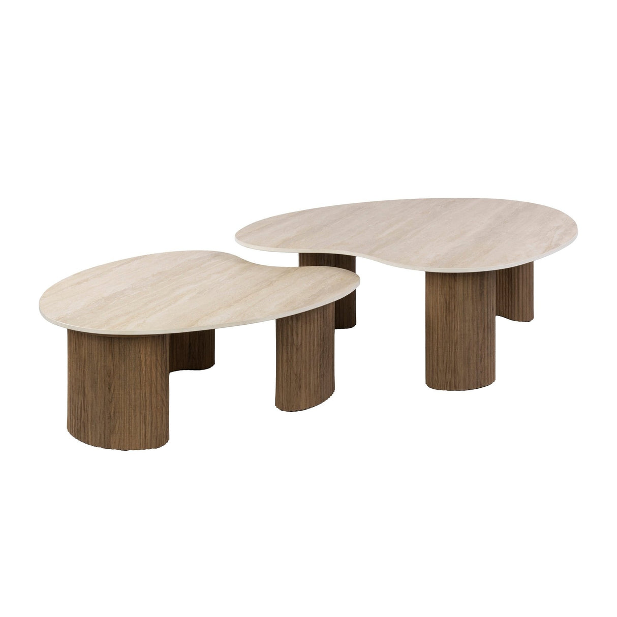 Set van 2 organische salontafels Cruz - keramiek Travertin eikenhout-look ribbel