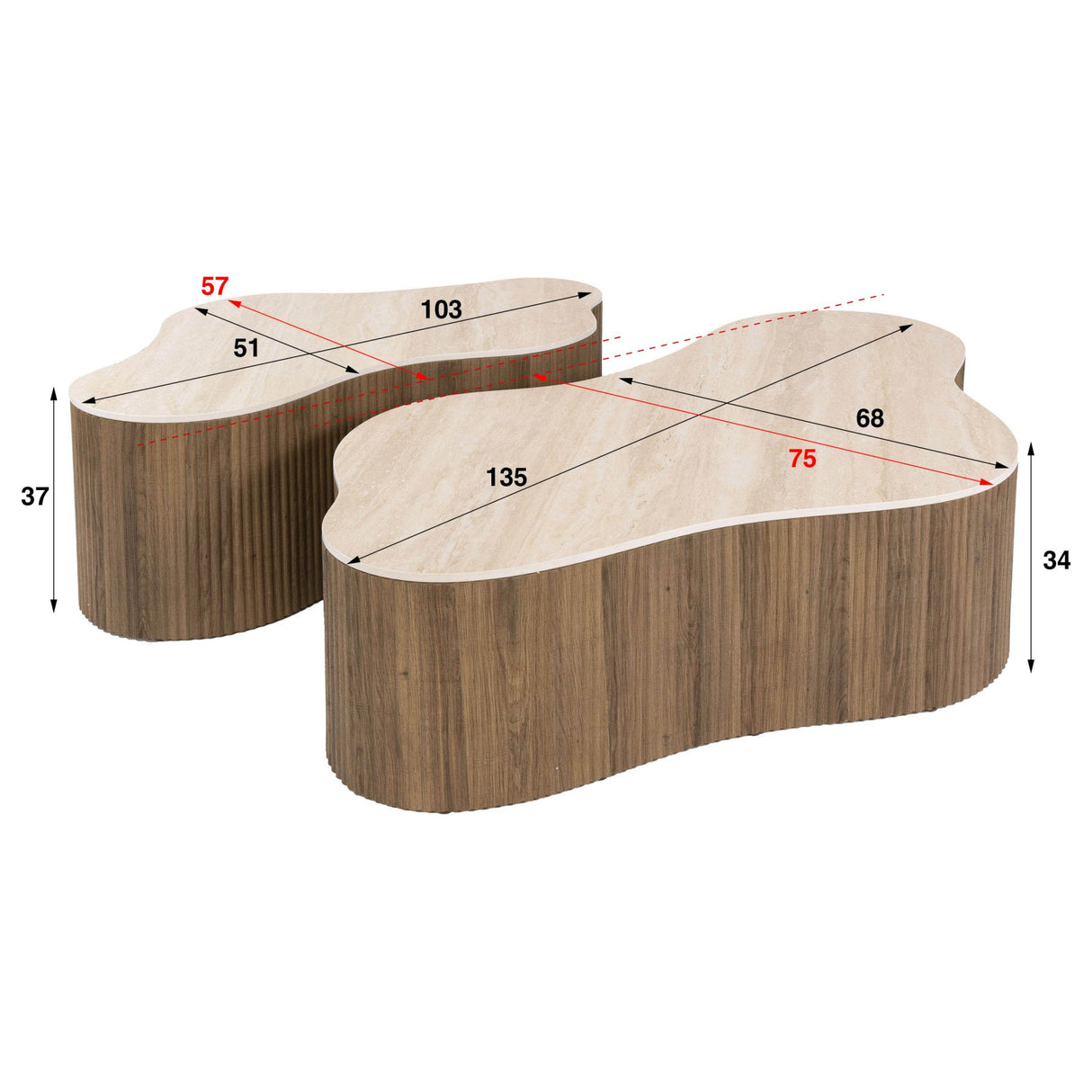 Set van 2 organische salontafels Cruz grand - keramiek Travertin eikenhout-look ribbel