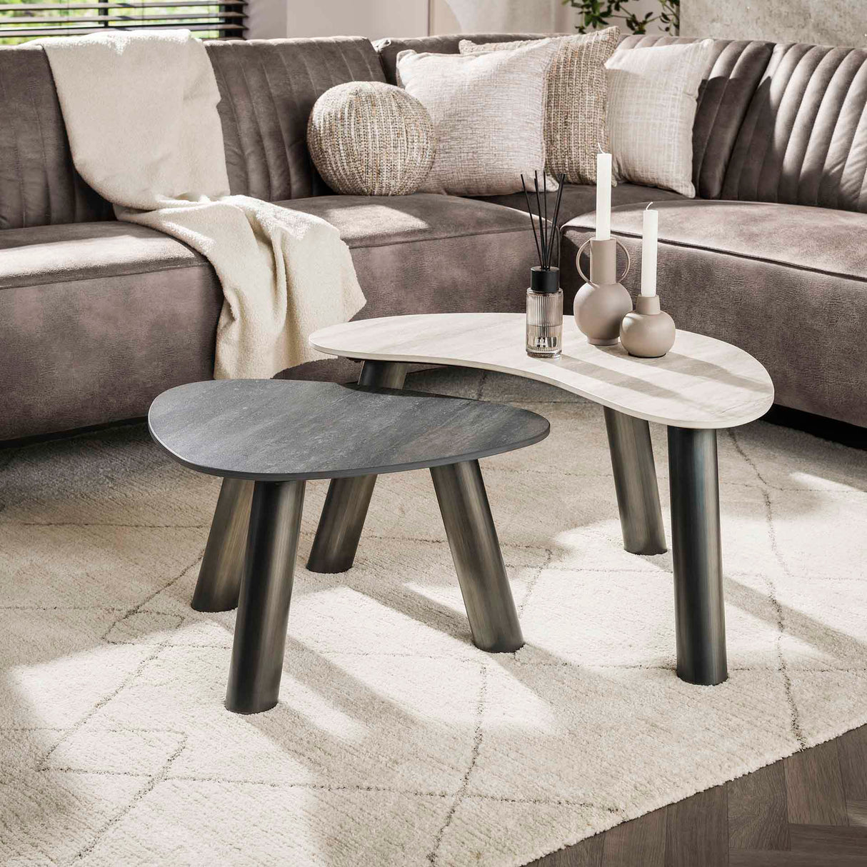 Moderne Faro Salontafel set van 2 Organisch Keramik Travertin