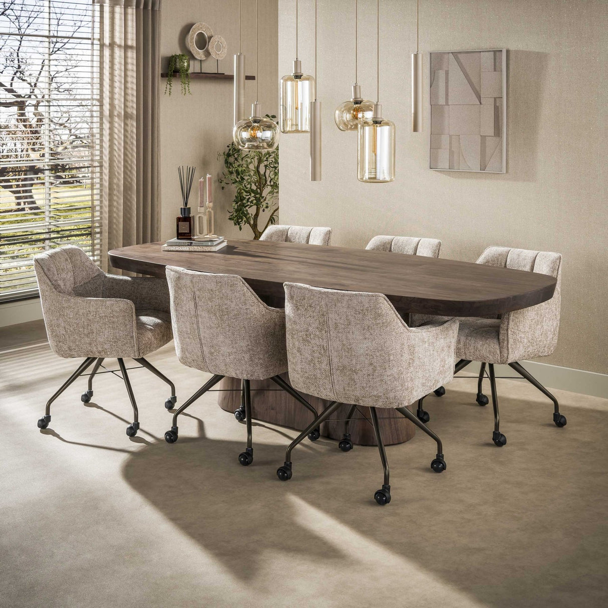 Hanglamp Sera 7-lichts beige metaal amber glas