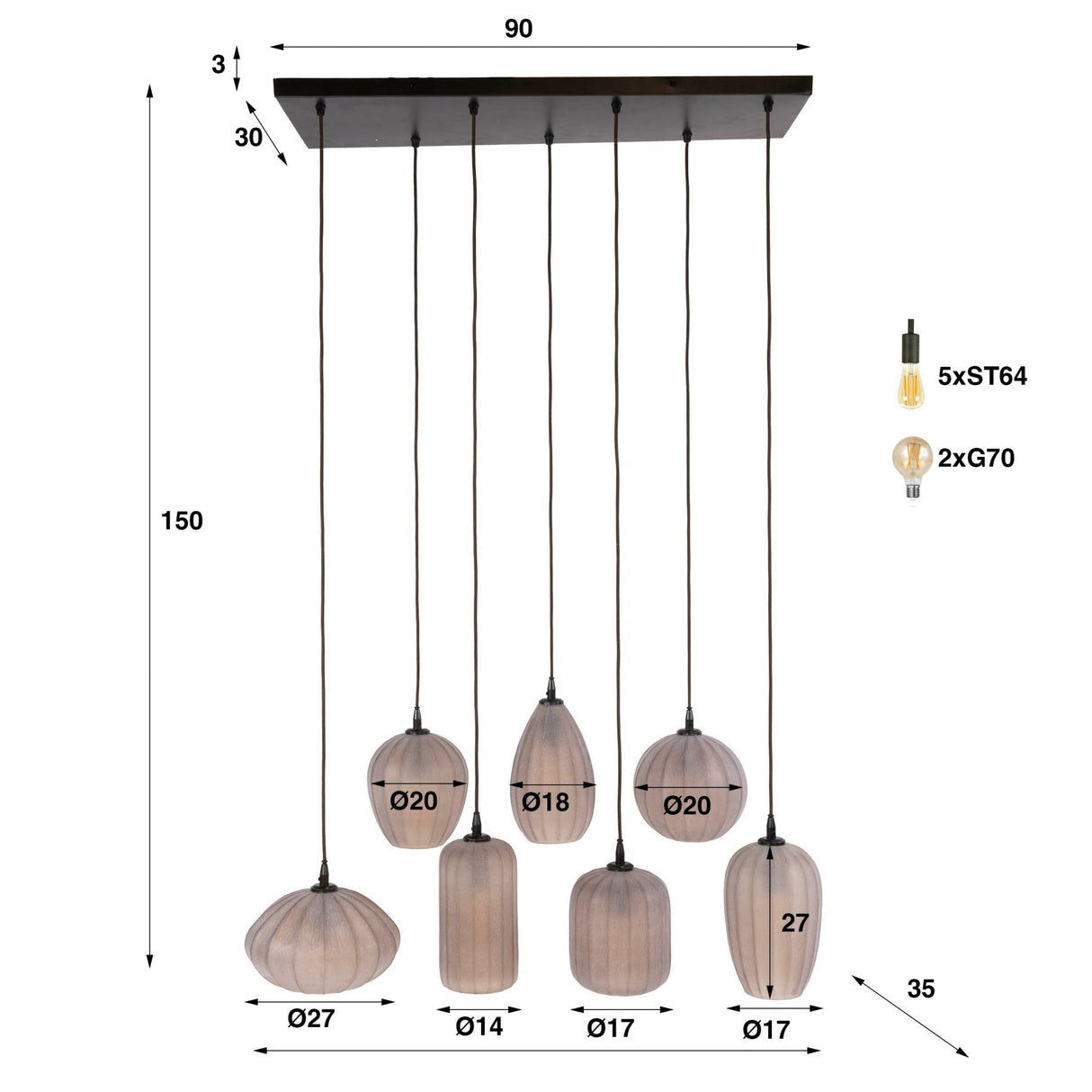 Hanglamp 7-lichts bruin frosted glas Arda