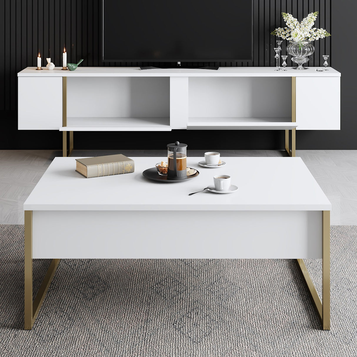 TV Meubels - TV Meubel Luxe Wit Goud Melamine 180x50x30 cm - Dimehouse