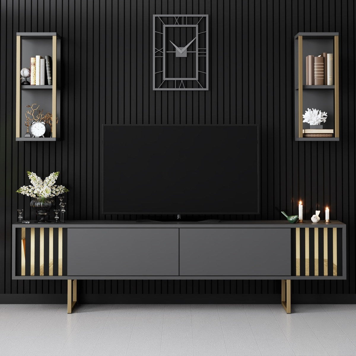 TV Meubel Set Gold Line Antraciet Zwart Melamine 180x48x30 cm