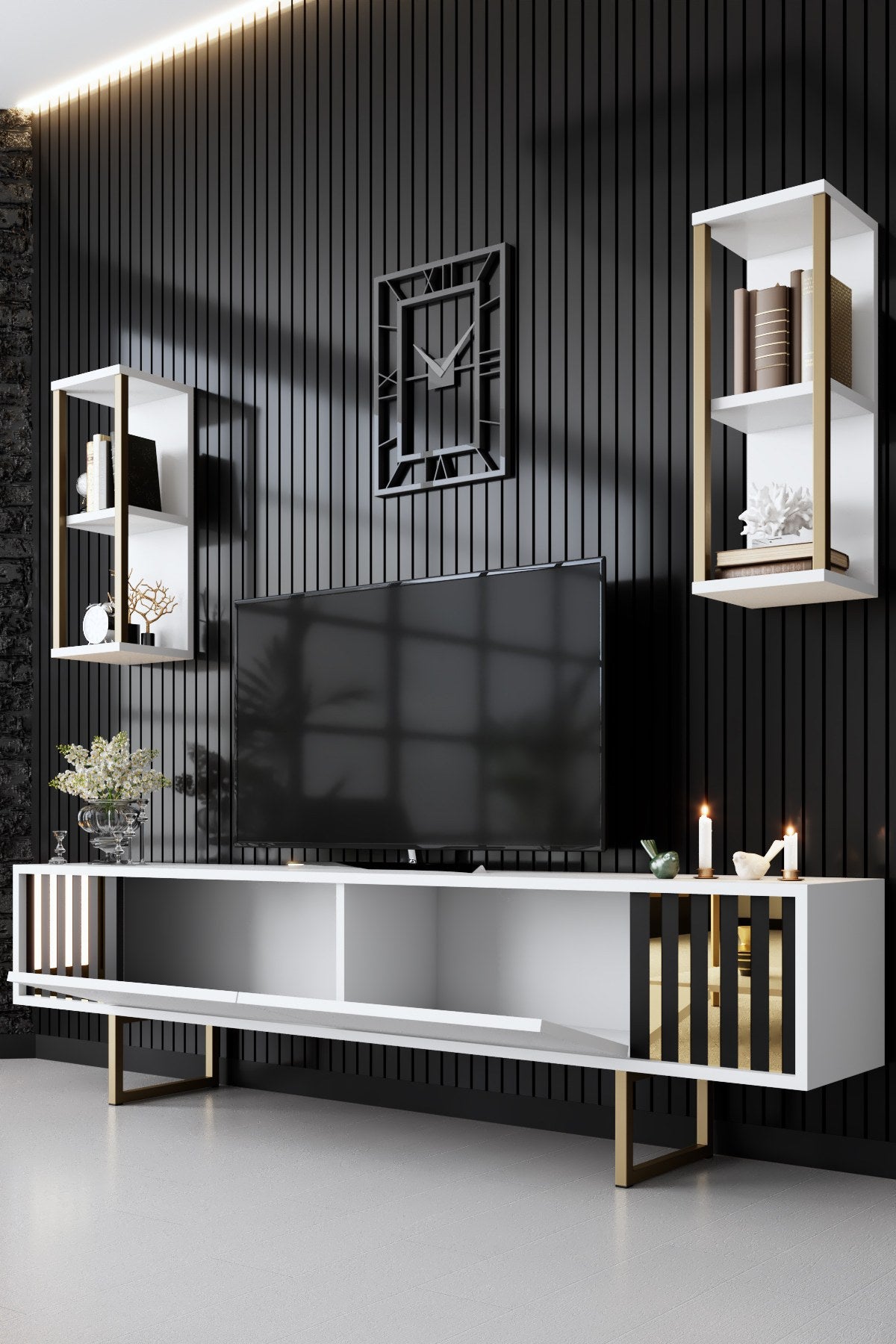 TV Meubels - TV Meubel Set Gold Line Wit Zwart Melamine 180x48x30 cm - Dimehouse