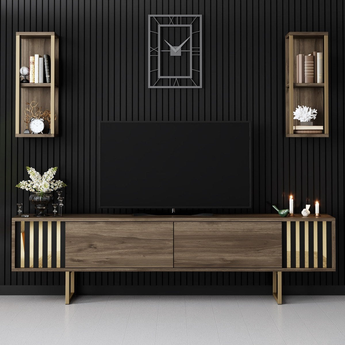 TV Meubel Set Gold Line Walnoot Zwart Melamine 180x48x30 cm