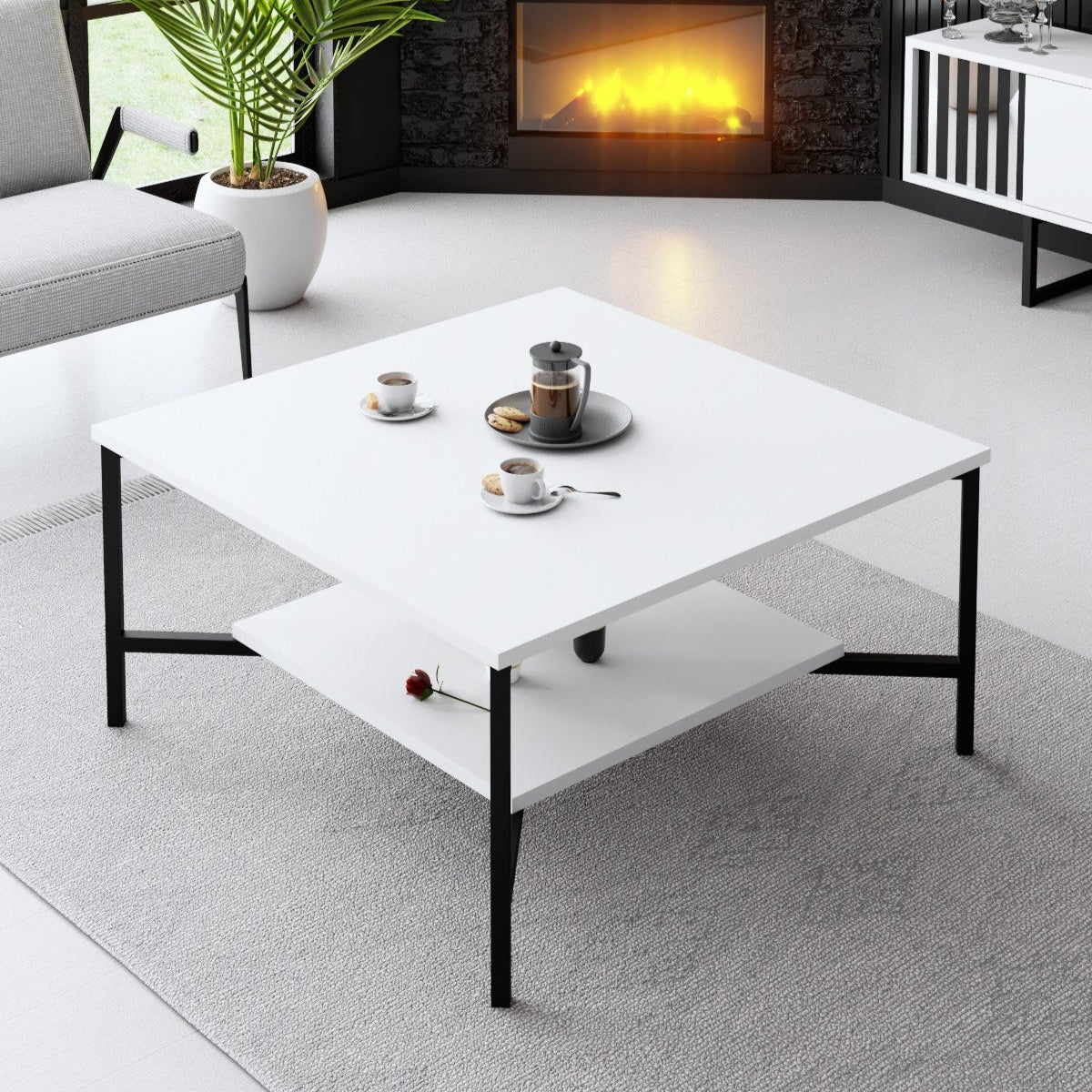 Vierkante Salontafel Wit Black Line 80x80 - Zwart Frame
