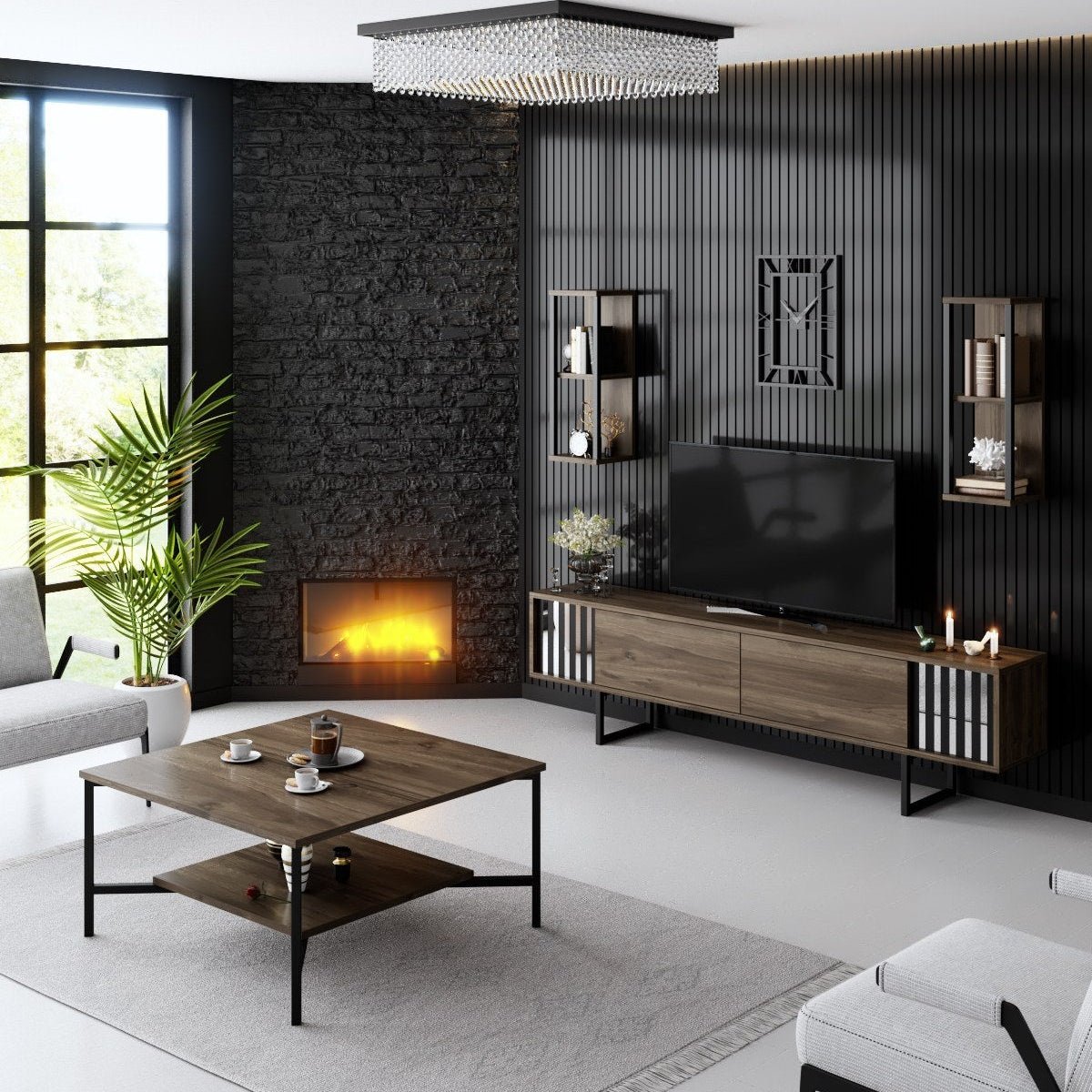 Meubelset Walnoot-Zwart - Chrome Line - Salontafel + TV Meubel