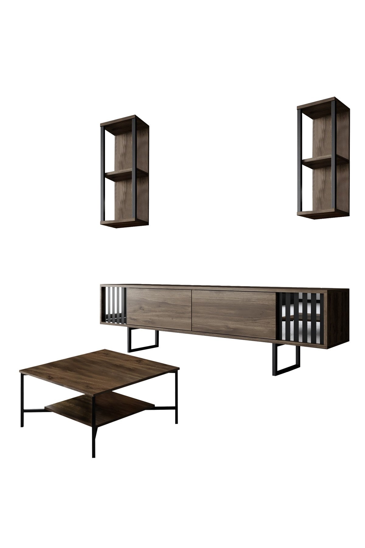 Meubelset Walnoot-Zwart - Chrome Line - Salontafel + TV Meubel