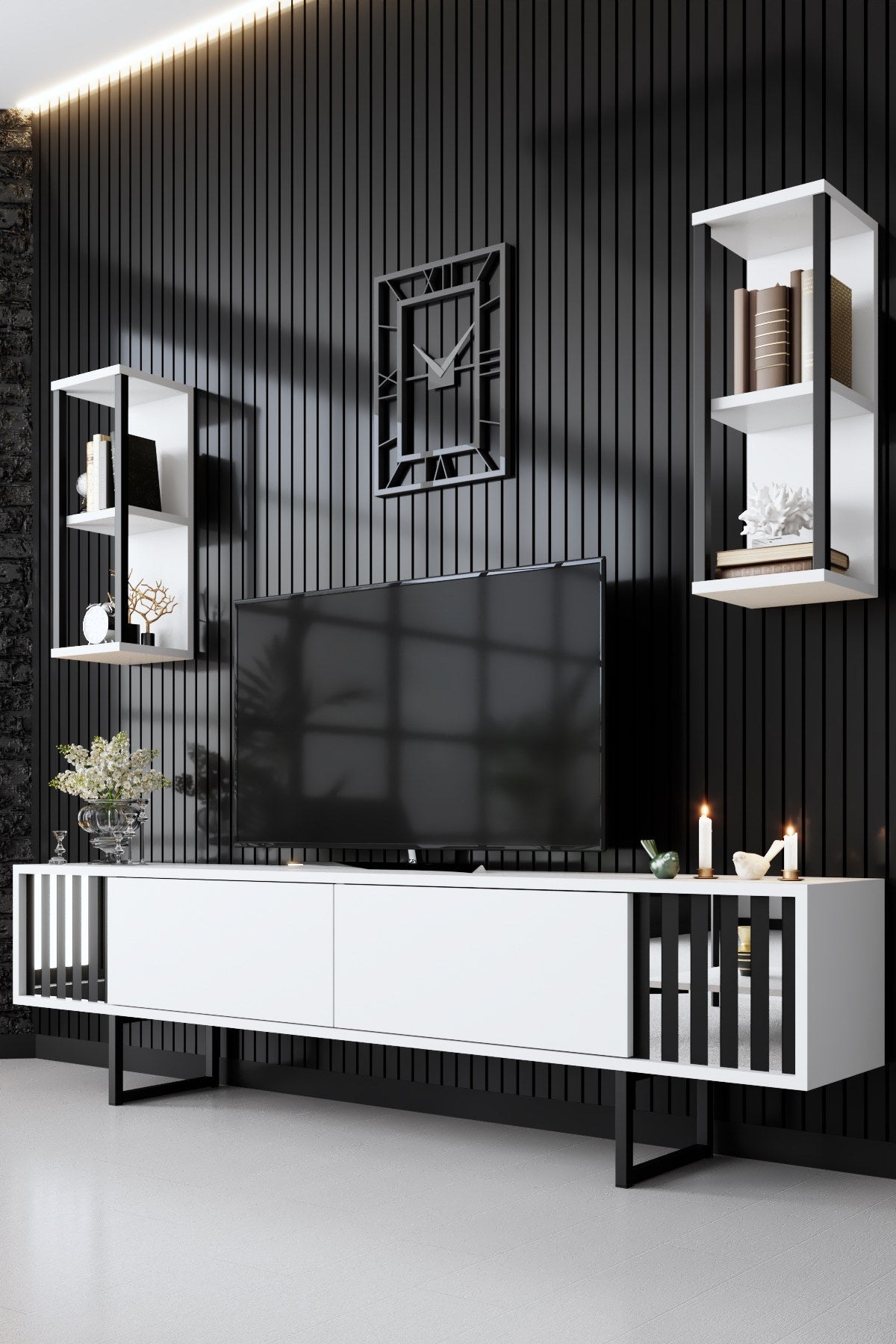 Meubelset Wit-Zwart - Chrome Line - Salontafel + TV Meubel