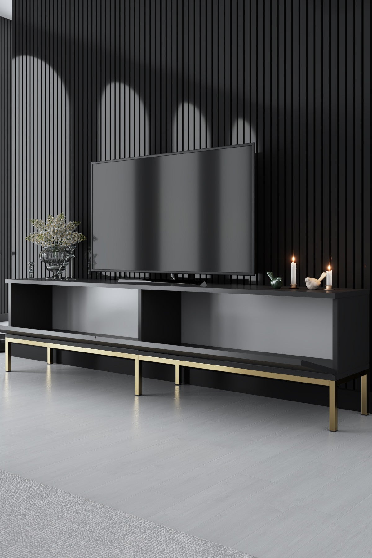 TV Meubels - TV Meubel Lord Antraciet Goud Melamine 180x47x30 cm - Dimehouse