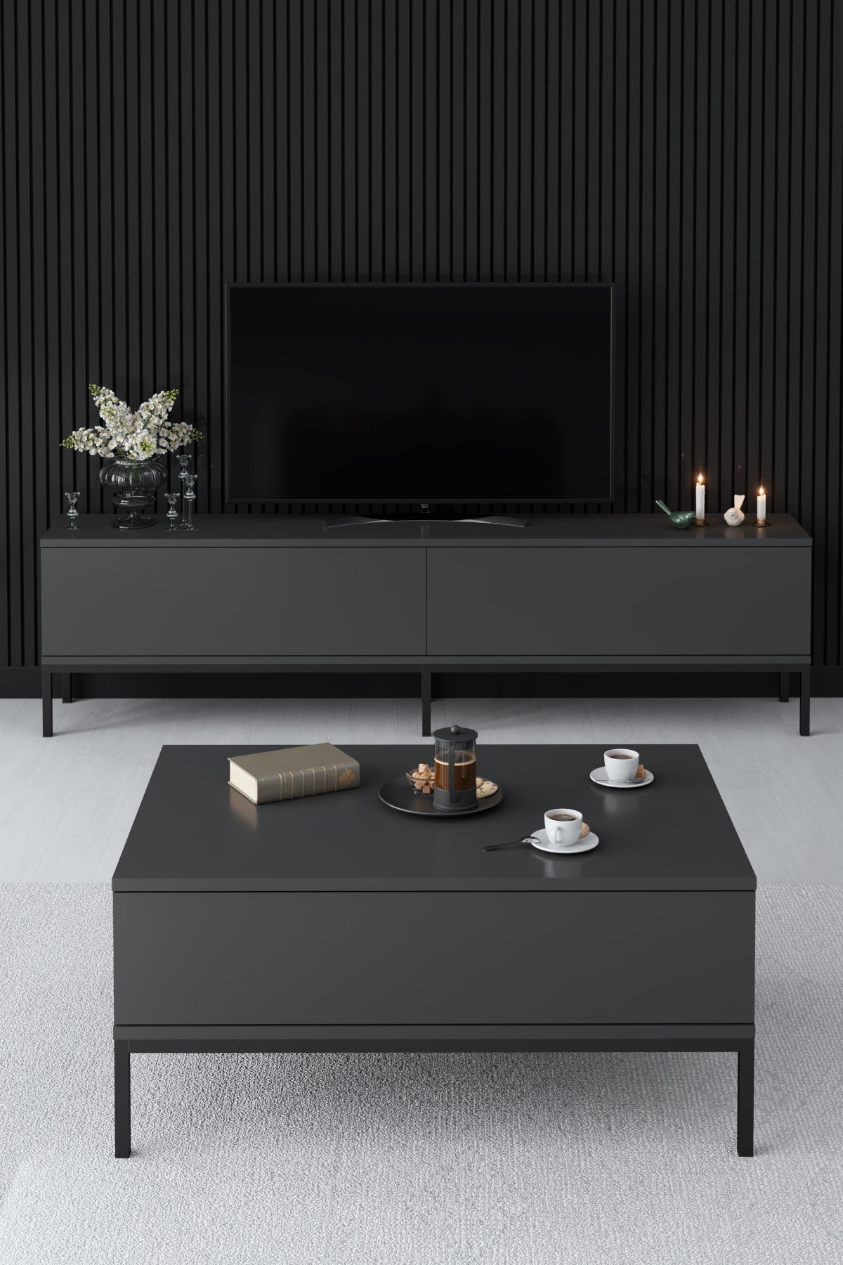 TV Meubels - TV Meubel Lord Antraciet Zwart Melamine 180x47x30 cm - Dimehouse