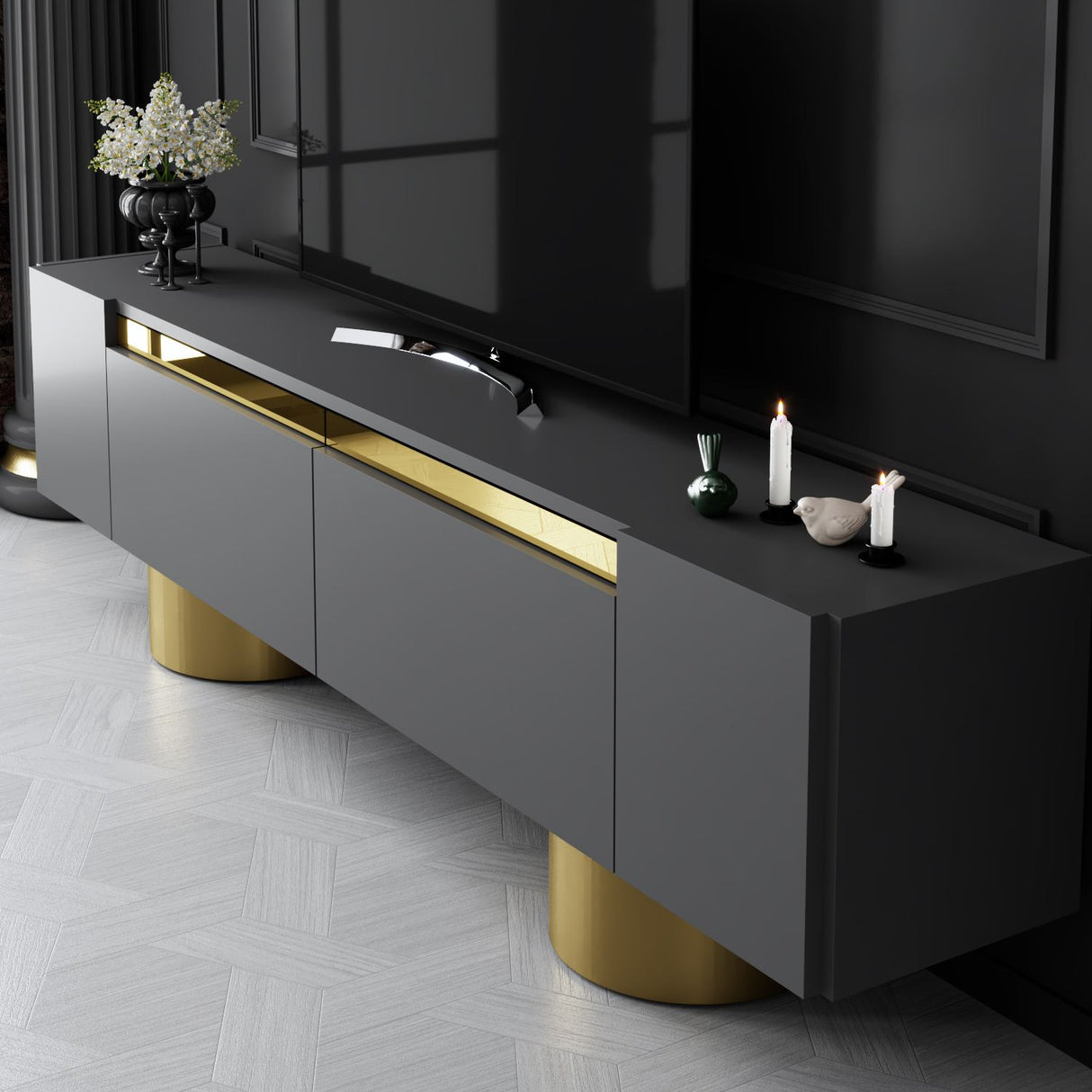 TV Meubel Antraciet Bohem 180x50x30 - Gouden Frame