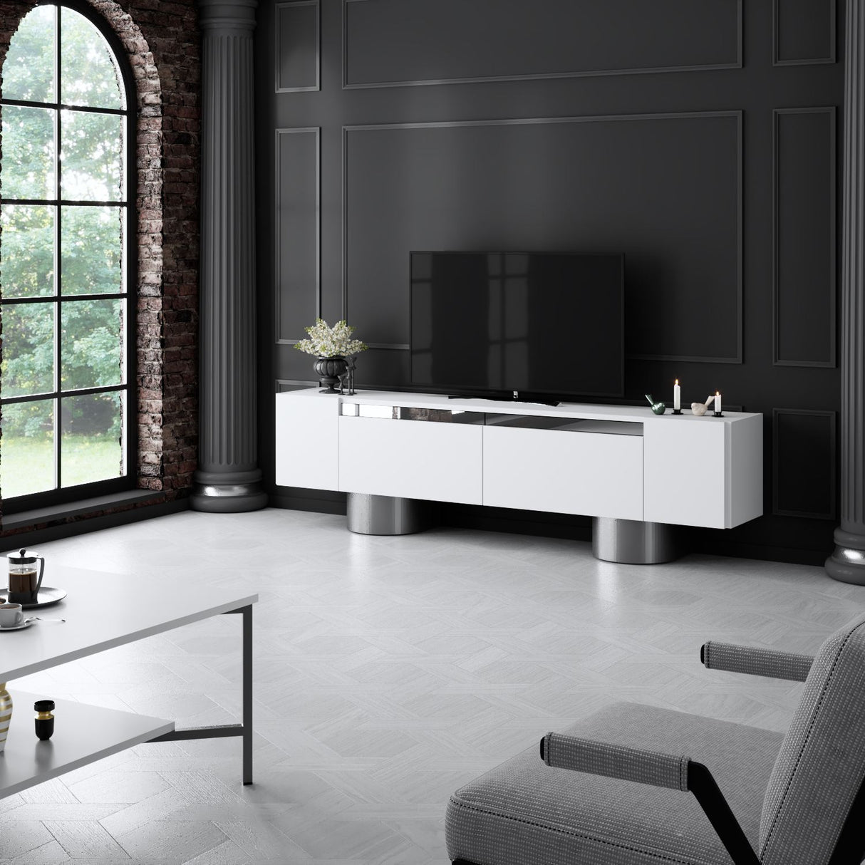 TV Meubel Wit Bohem 180x50x30 - Zilver Frame